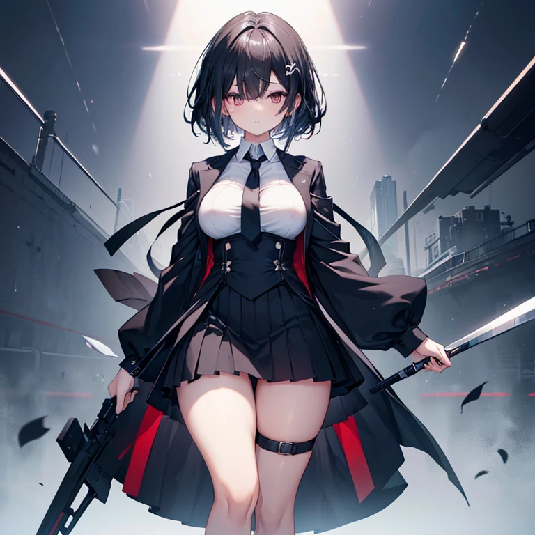 My right eye is completely hidden by my hair.....。Handsome girl with very short dark hair。black tie black skirt uniform。Breasts are big。The left eye is black、The right eye is light blue。she looks sexy。thighs thighs thighs thighs。expression is grim