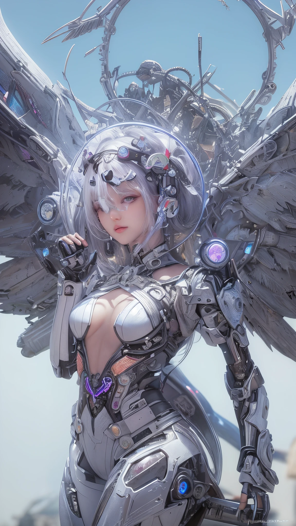 (((Full Body Shot)))、(((Full Body Shot)))、(((Full Body Shot)))、top-quality、​masterpiece、A high resolution、(Photorealsitic:1.4)、RAW photo、Battle Cyborg Angel、large wings made of metal、White porcelain body、Acrylic Clear Cover、white  hair、glowy skin、1 Cyborg Girl、Beautiful girl、 ((super realistic details))、globalillumination、Shadow、octan render、8K、ultrasharp、character edge light,Colossal tits、RAW skin is exposed in cleavage、Details of complex ornaments、Gothloli details、Hydraulic cylinder、 ((Small LED lamp))、highly intricate detail、Realistic light、a purple eye、radiant eyes、(neon details)、Futuristic headgear、About Cyberpunk.