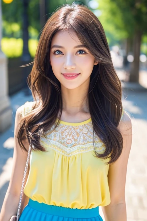 highest quality, figure, super detailed, finely, High resolution, 8k wallpaper, 完璧なダイナミックな構figure, beautiful skin, (big eyes), 20 year old beautiful girl, natural color lip, (sexy pose), mid chest, smile, Highly detailed face and skin texture, Detailed eyes, Double eyelid,leaking teeth and laughing, close-up, long brown hair, (bright yellow suit), (blouse:1.2), tree-lined avenue