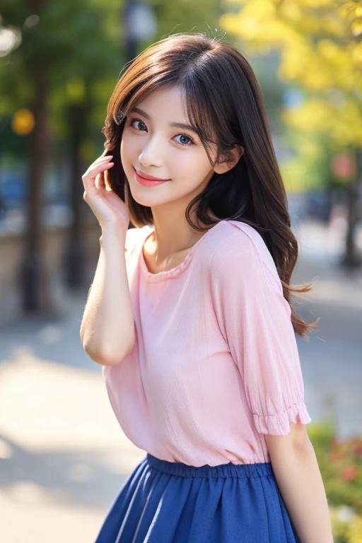 Beautiful woman with good eyes and nose、Beautiful as a model、Cute like a model、Eyes are double、How to use regular mascara、Eye color blue、Hair color pink、Her face is delicate and elegant.、imagem 4k、Beautiful style like a model、A refreshing and lovely smile、Yellow blouse、Plain yellow mini skirt、University campus on a sunny day、Pose like a model、Overall portrait、Snapshots、Beauty like a model、A wonderful pose with a gorgeous atmosphere、masuter piece、Best Quality、