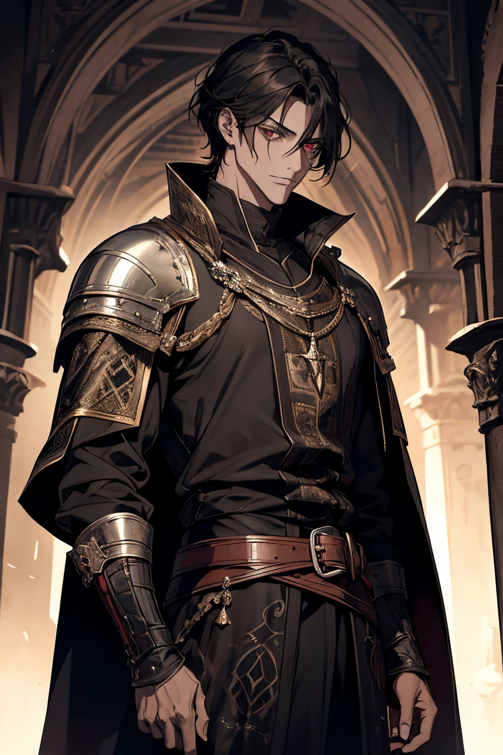 1 male, adult, mature face, beautiful, short tousled black hair, dark red eyes, clear and detailed eyes, handsome, tall, nobility, black clothing, calm, condescending, medieval fantasy, medieval castle background, dark fantasy, (soft coloring, dynamic shading), looking at viewer