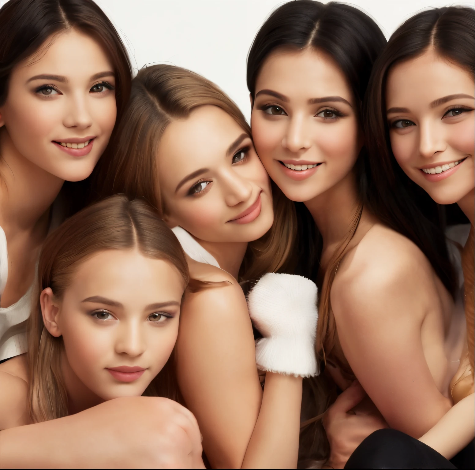 stunning identical sextuplets standing close together, in a room, 25 years old, full body, identical bodies, pale skin, athletic body, identical height, wearing white bikinis, same faces, same hairstyle, long wavy hair, same colour hair, light brown hair, five fingers on each hand, smiling, color, realistic, sharp focus on eyes, sharp focus on nose, 8 k, high definition, insanely detailed, elegant, ultra realistic, photorealism,