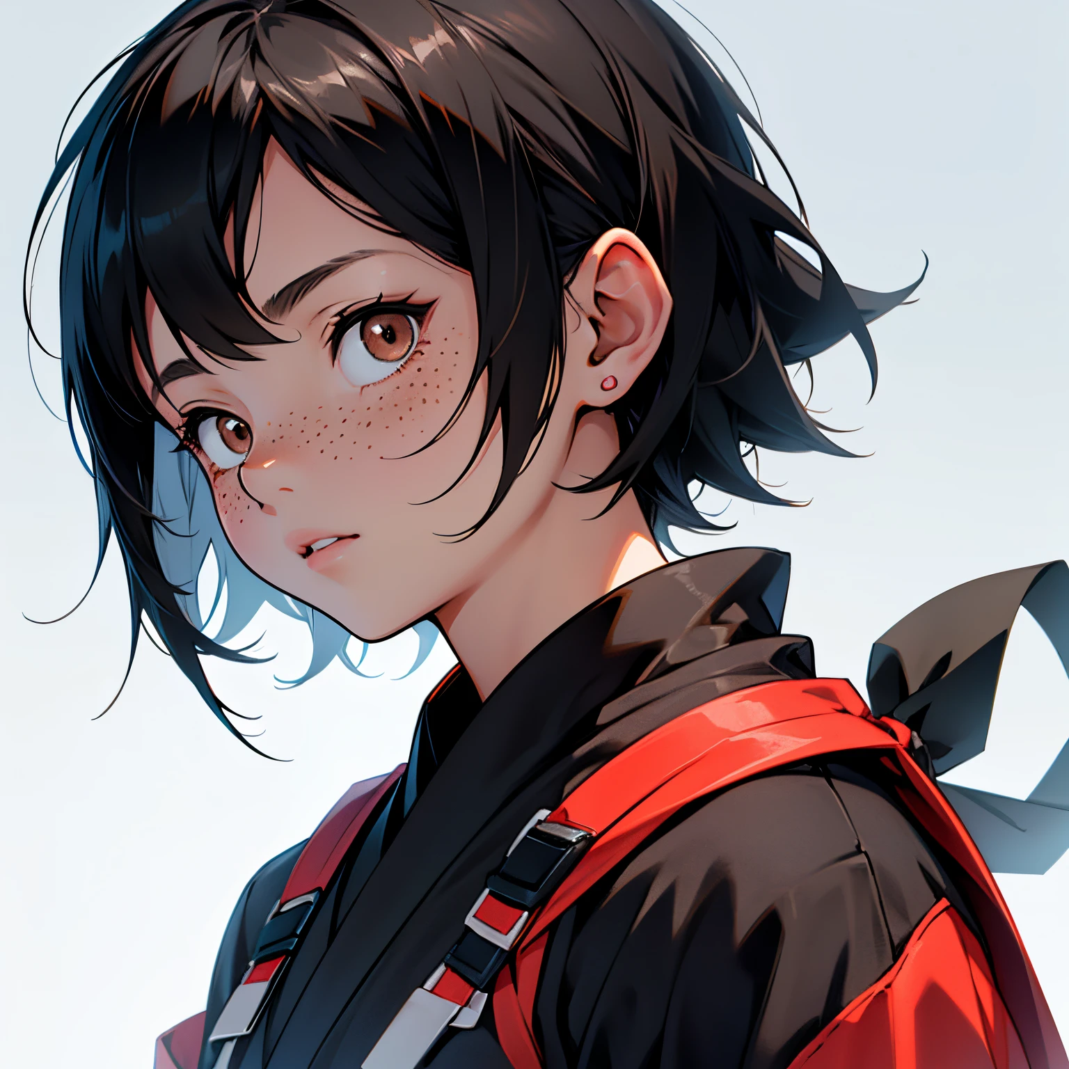 anime image of a girl with black hair and dark brown eyes, short hair, freckles, anime childale kid anime racter, head shot, close up shot, simple background, ninja clothing, japanese clothing, dark clothing