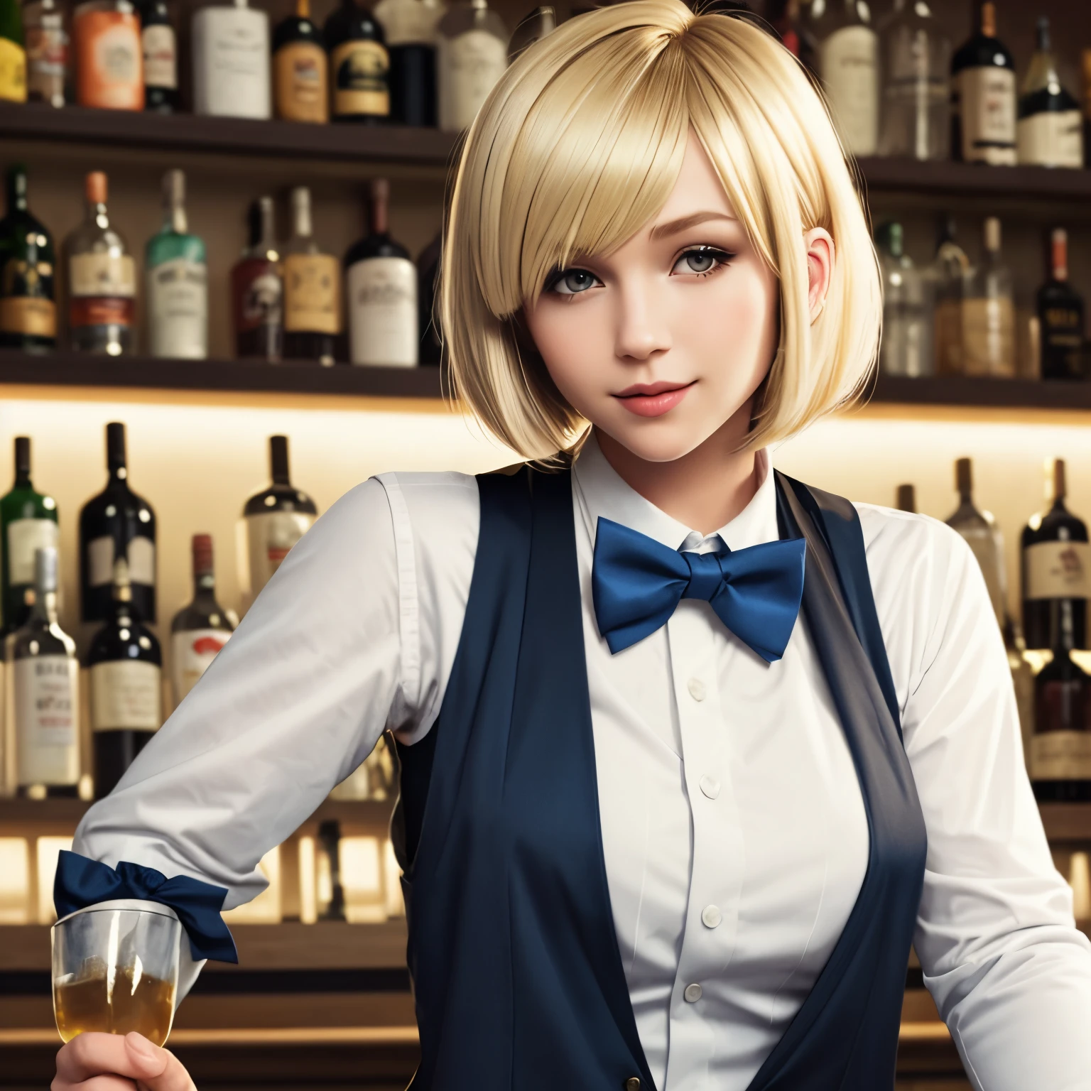 Bartender girl, bowtie, vests, blonde bob cut hair