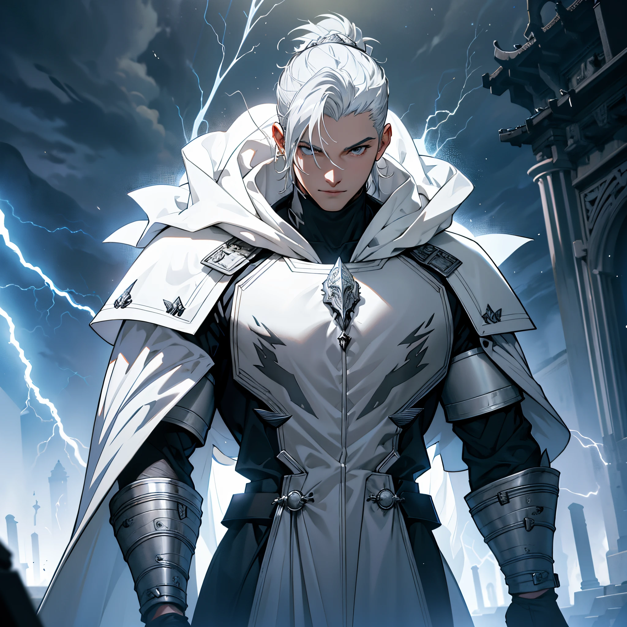 ​masterpiece, 4k, knight in white metal armor, neat gray hair, White Cloak, imperial royal family, salama, thunderstorm, thunderbolts, Background with: Temple of Zeus struck by lightning