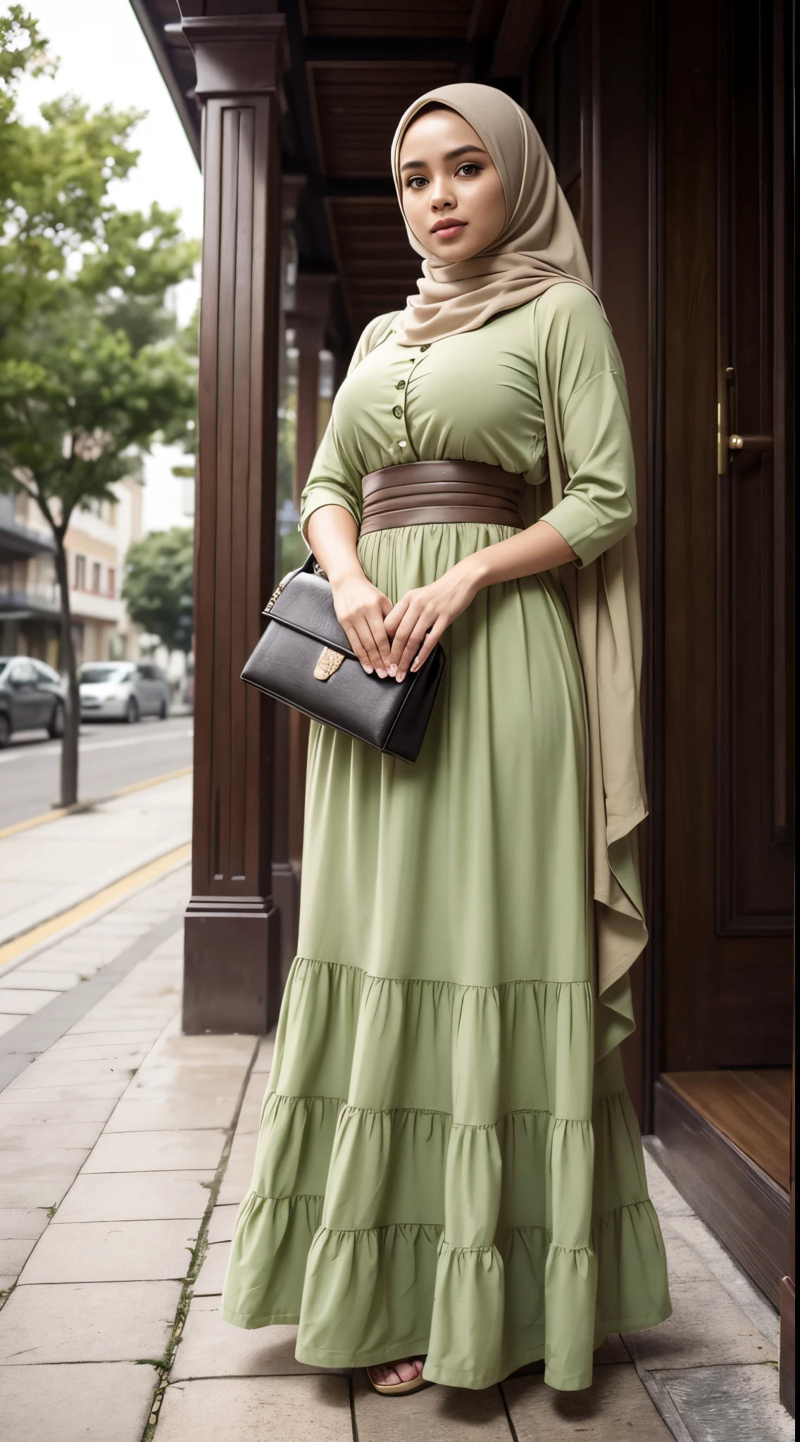 RAW, Best Quality, High Resolution, Masterpiece: 1.3), Beautiful Malay Woman in Hijab (iu:0.8),RAW, Best Quality, High Resolution, Masterpiece: 1.3), Beautiful Malay Woman in Hijab (iu:0.8),Woman Standing outside building ,big breasts, looking at the viewer, small waist, big thighs, wearing a green dress, skirt, layered skirt, pastel green, long skirt, wearing a skirt, trending on pinterest, instagram post, feminine in cute pastel shades, on instagram, wearing fluent long skirt, olive green, sheer, aurora green, original,