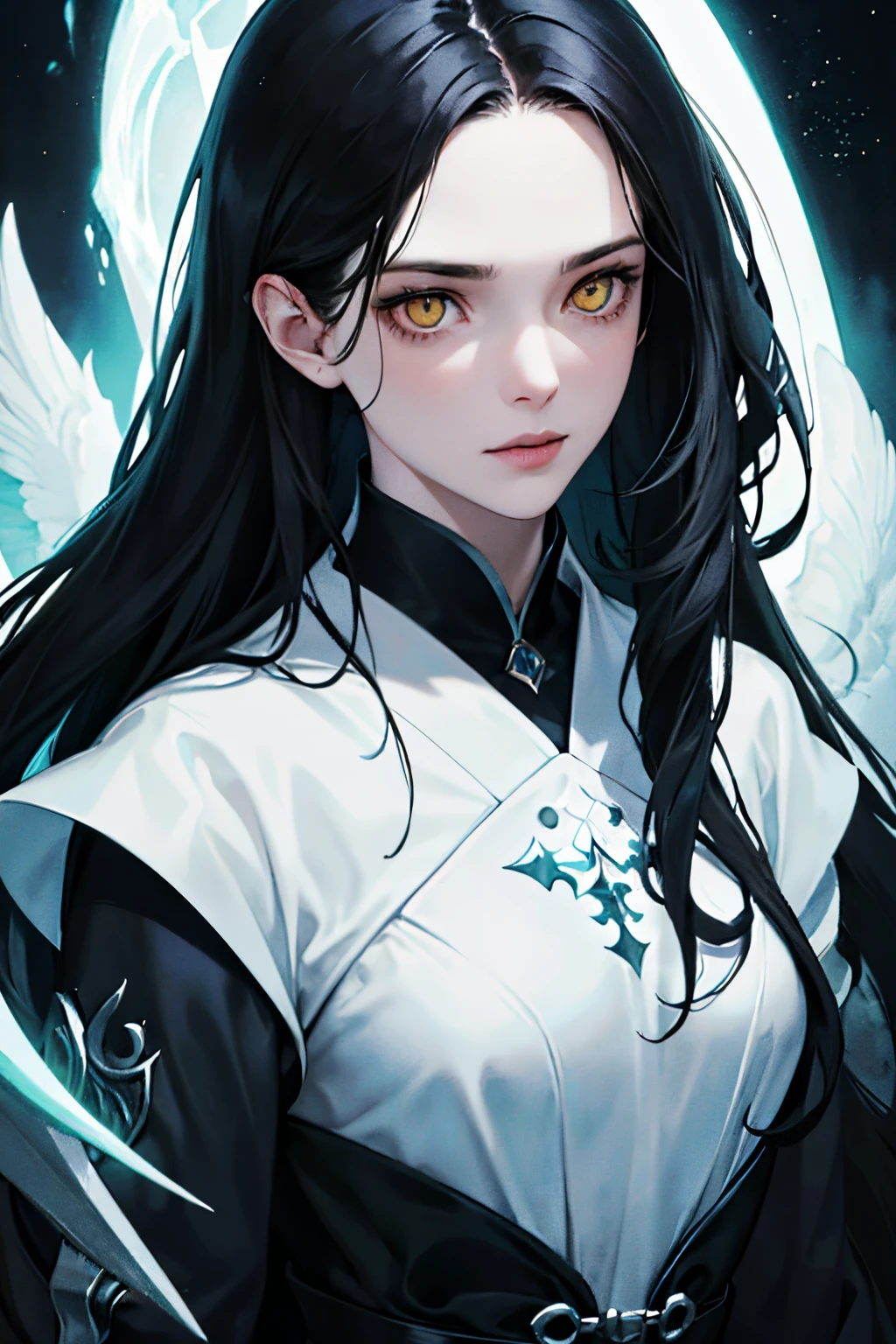 tags: girl, 15 years old, energy powers, long black hair, bright yellow eyes, very pale skin, character, detailed eyes, detailed lips, supernatural powers, fantasy, mysterious, dark atmosphere, glowing energy, intense gaze, flowing hair, ethereal, magical, high quality, photorealistic, vibrant colors, dramatic lighting.