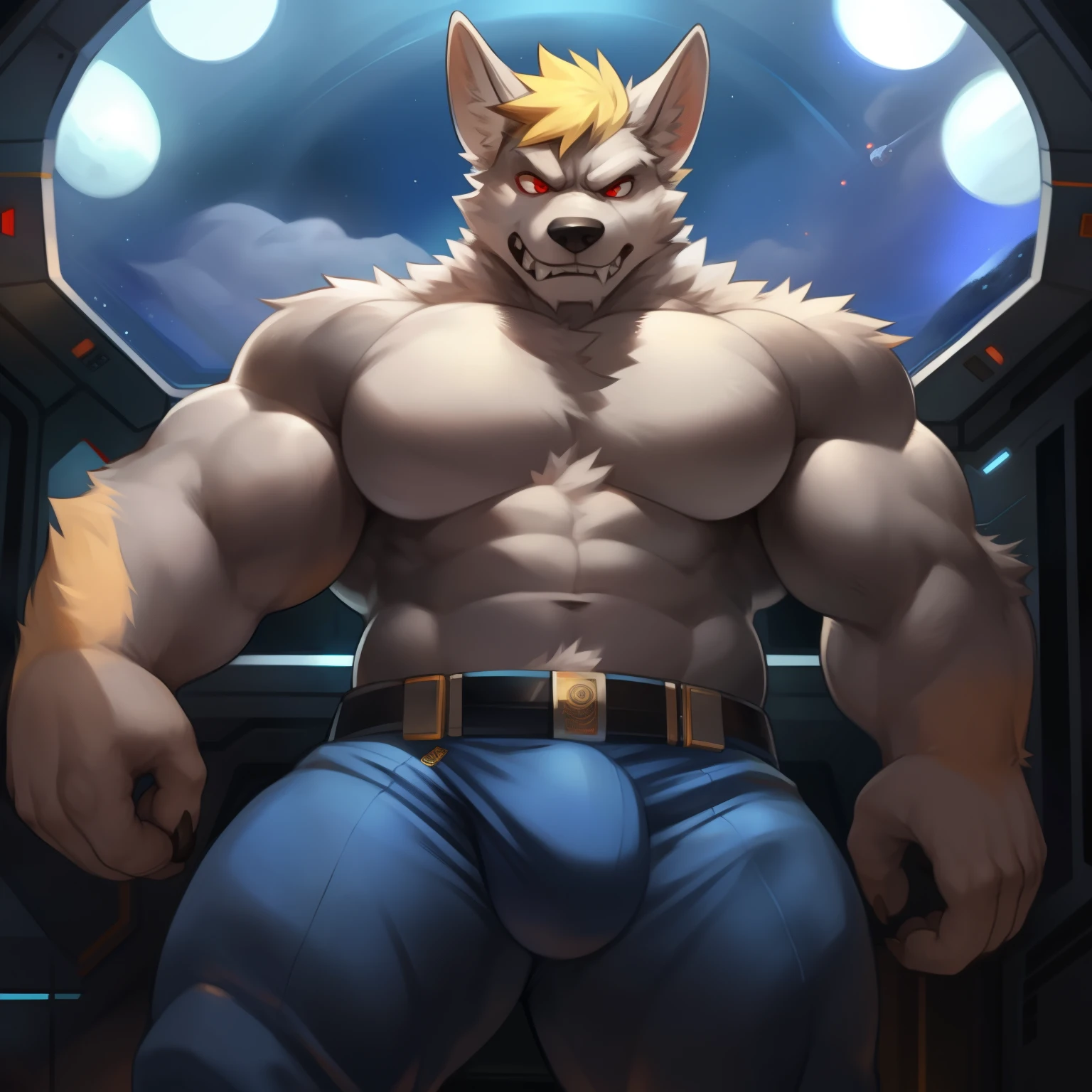 Solo, male, standing, bulge, detailed bulge, detailed crotch, wolf, canine, tall ears, snout, long snout, wide snout, angry, snarling, fangs, sharp teeth, grey fur, grey body, red eyes, detailed eyes, blonde hair, short hair, angry, furrowed brow, muscular, biceps, strong, tall, big arms, detailed hands, by glitter trap boy, by darkgem, blue spacesuit, spaceship, window, asteroid belt, blue sun