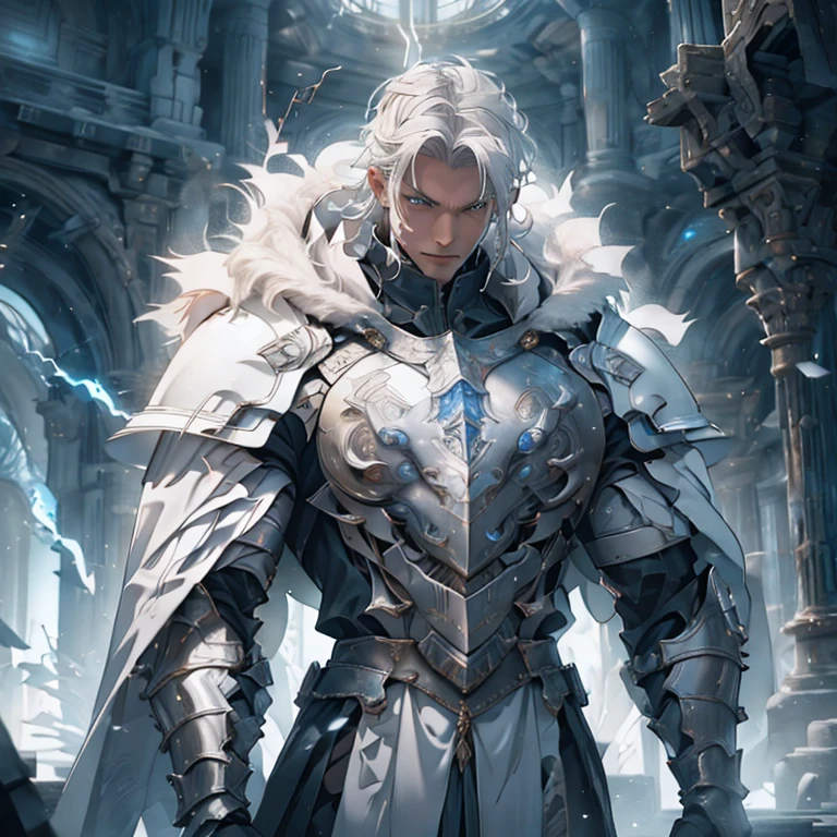masterpiece, 4K, Knight in white metal armor, Neat, Upturned white hair, White cloak, royal house, safe, thunderstorm, raiden, Background with: Temple of Zeus struck by lightning