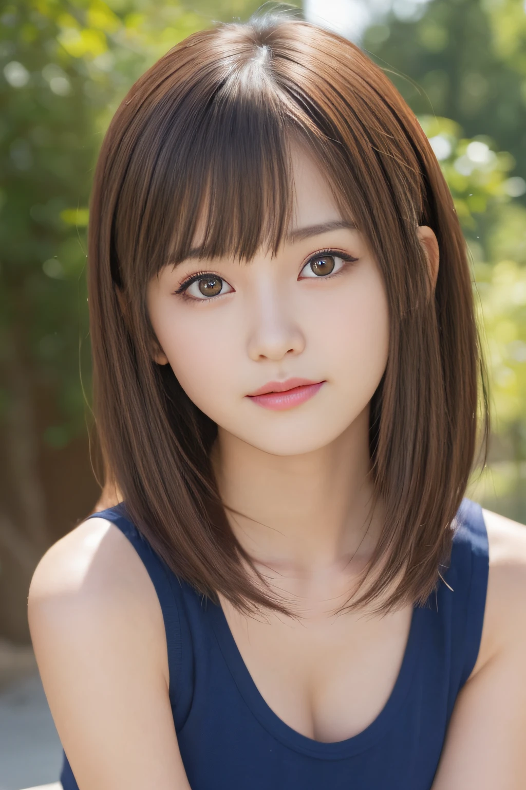 Girl 1, 26 years old, lips, lipstick, skirt, realistic, skirt, knit, (feminine), solo, standing, top quality, photorealistic, masterpiece, 8k, high resolution, solo, (female)))), (small breasts: 1), (((watching the viewer)), (looking at the camera), (short hair), (professional lighting, bokeh), highly detailed face, Fashionable and trendy atmosphere, Japan, office, park, (((day)), (portrait: 0.6), seductive smile, gorgeous floating hair, (light particles, lens flare, glowing particles: 0.6), soft lighting, brown hair, full body, thin face,