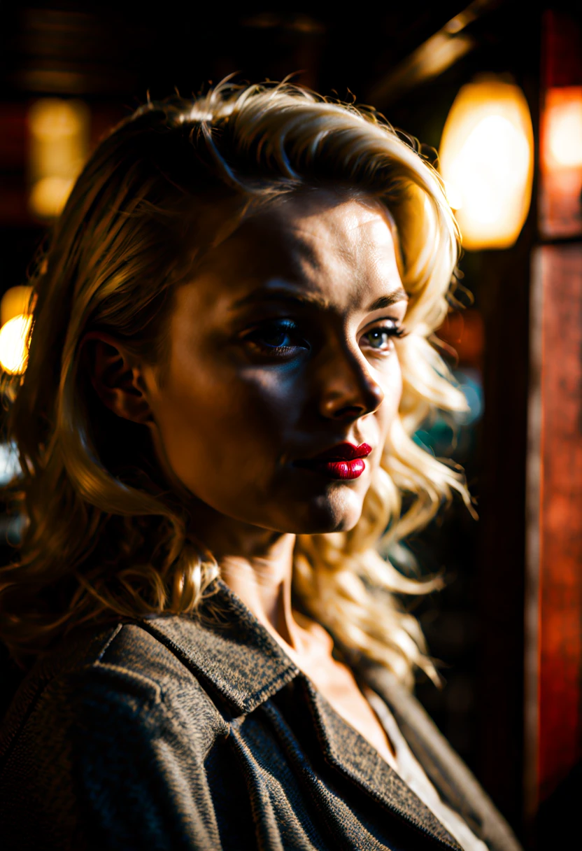 in the style of nklnor, film-noir, blonde woman,pub, (soft light beam on her eyes), high quality, dslr, Fujifilm XT3, qhd,