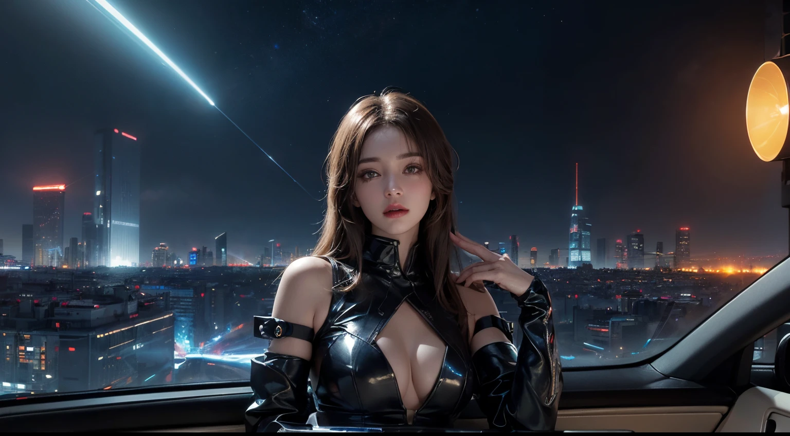 cyber punk personage,The car of the future,Sci-fi cars,Equipment,1girl,Perfect hair,Perfect hair shine,laser,extreme light,kosmos,the space,Unopened city,During the day,dreamy background,ornate backdrop,sci fi background, Perfect detail, realistic skin textures, allure, in a panoramic view