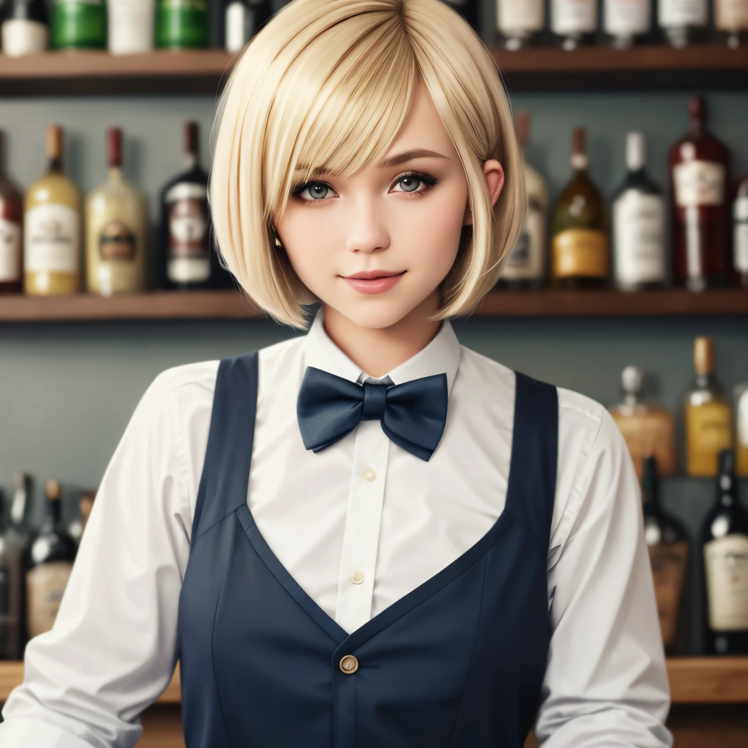 a portrait of S064_ChanelFenn, a gorgeous woman, in a (bar), wearing a (shirt:1.1) and (tie:1.1), smiling, (8k, RAW photo, best quality, ultra high res, depth of field:1.2), (absurdres, intricate, photorealistic, masterpiece, ultra-detailed, Unreal Engine:1.3)