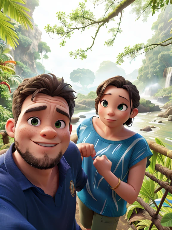 there are two people standing on a bridge near a river, connected with hanging bridge!!, jungles in the background, in jungle forest, in jungle, with a waterfalls, waterfalls in the background, waterfall in the background, in jungle forest !!!, lovely couple, in forest jungle, in jungle forest peak, in a cave with the waterfall, next to a waterfall