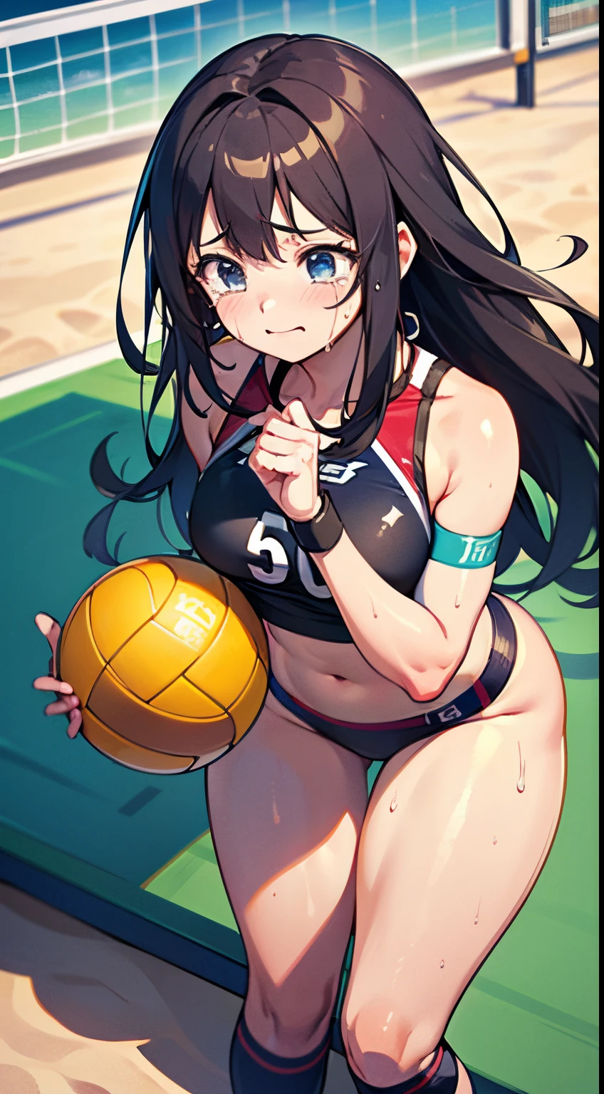 unity 8k wallpaper, anatomically correct, (((masterpiece))), (((best quality))), (((ultra detailed))), (((high-resolution))), ((super fine illustration)), ((Ultimate cutie)), detailed beautiful face, BREAK, ((2girls)), ((couple)), cheek-to-cheek, ((yuri)), 18 years old, (potbelly), (curvy), medium breasts, ((Thick thighs)), shiny hair, ((Regretful expression)), (((tearfully))), ((blush)), BREAK, (((sports bikini))), swim wear, (beach volleyball uniform), ((wrist bands)), ((kneepads)), two female beach volleyball players, BREAK, ((hold the Beautiful spherical shape 6-inch volleyball )), stylish pose, ((sweat)), (perspired), (heavy breathing), sense of depth, ((in beach volleyball court)), lighting, from above, ((looking at viewers)), looking down, cowboy shot, couple focus