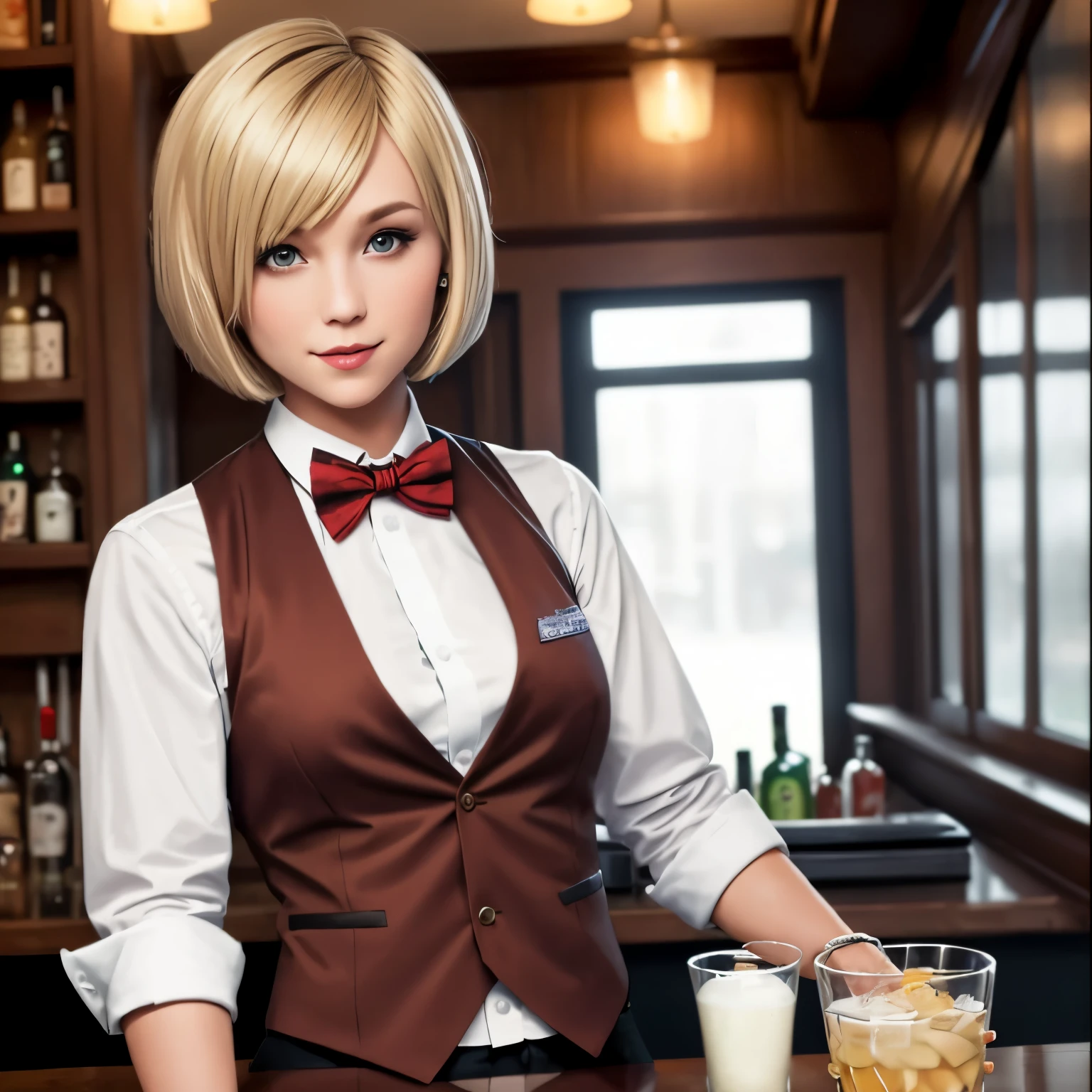 Bartender girl, bowtie, vests, blonde bob cut hair, masterpiece, best quality