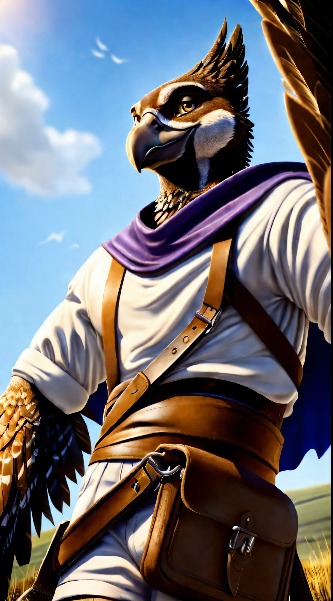 ((solo, three-quarters perspective, masterpiece, chest level shot, standing, (anthro, avian, winged), facing viewer, focused expression, high resolution, 4K)), male, adult, ((griffin-face, detailed feathers, fully feathered body, extremely detailed, slender build, three-tone feathers, medium-sized feathered wings, black and brown and white feathered body)), gold eyes, high contrast, dynamic composition, grassland background, daylight, wispy clouds, ((leather satchel, medieval white shirt, medieval white shorts, short purple cape))
