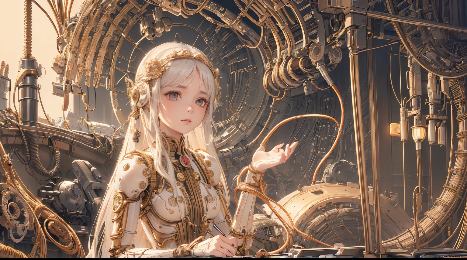 (((masterpiece))), (((best quality))), ((ultra-detailed)), (highly detailed CG illustration), ((an extremely delicate and beautiful)),(cute delicate face),cinematic light,((1mechanical girl)),solo,full body,(machine made joints:1.4),((machanical limbs)),(blood vessels connected to tubes),((mechanical vertebra attaching to back)),((mechanical cervial attaching to neck)),((sitting)),expressionless,(wires and cables attaching to head and body:1.5),(character focus),science fiction