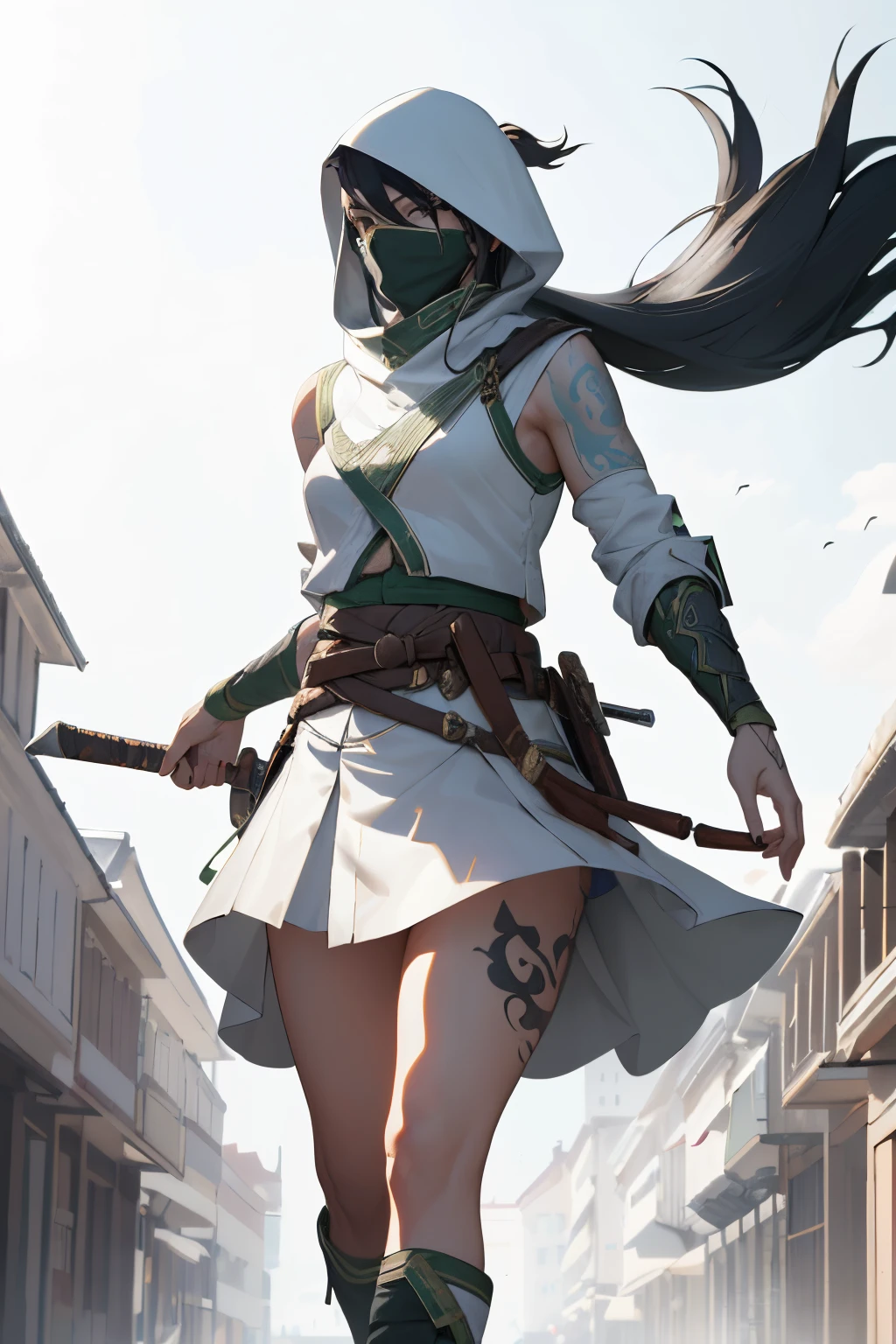 (Best quality at best,4K,8K,A high resolution,tmasterpiece:1.2), akali, 1girl, long_sleeves,white hood,white short skirt,,tattoo , standing, full_body, weapon,scythe,Dagger,,boots, outdoors, night, belt,, building