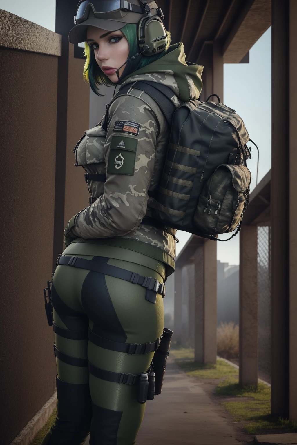 ela_(rainbow_six_siege), masterpiece, best quality, 1girl, camouflage, solo, green hair, backpack, boots, hat, goggles, goggles on headwear, ass, pants, looking at viewer, jacket, hood, bag, short hair, headset, blue eyes, camouflage jacket, gloves, holster, hood down, looking back, thigh holster, radio antenna, military, headphones, leggings, closed mouth, camouflage pants, huge ass, outdoors,