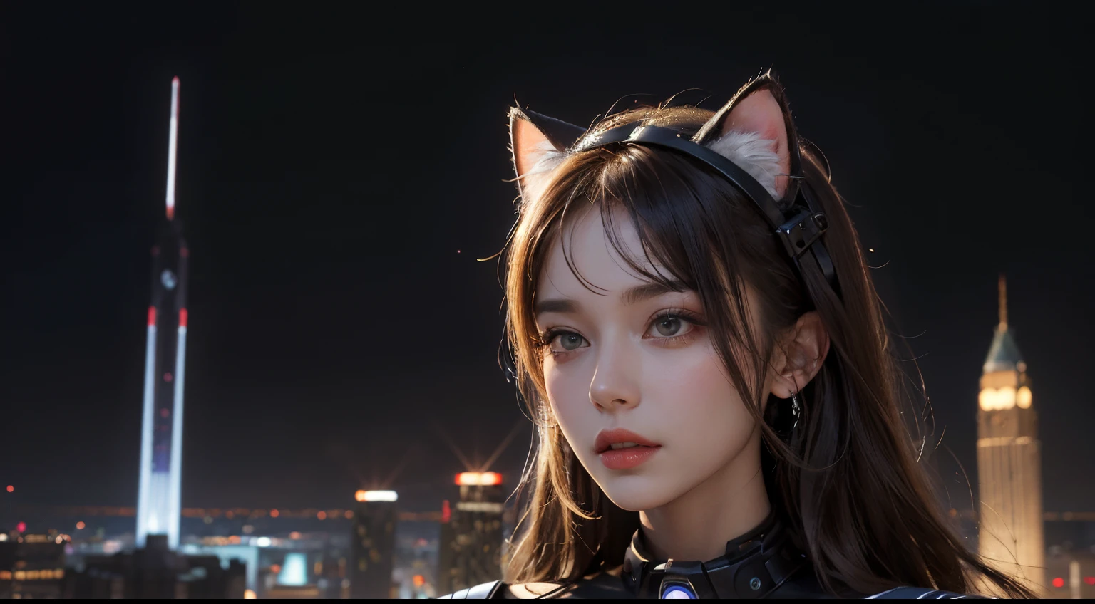 cyber punk personage，The car of the future，Sci-fi cars，Equipment，1girl，Perfect hair，Wearing cat ear decoration on the head，jewely，Perfect hair shine，extreme light，kosmos，the space，Unopened city，During the day，dreamy background，ornate backdrop，sci fi background， Perfect facial detail， realistic skin textures， allure， in a panoramic view