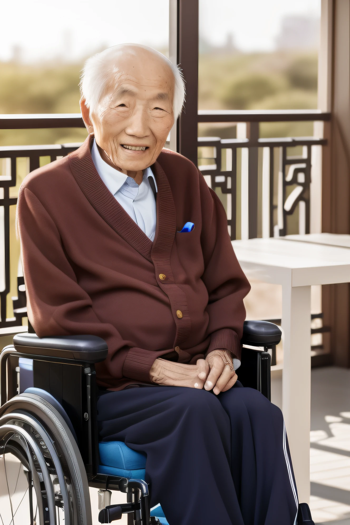 90 year old Chinese man,male people,Sitting in a wheelchair on the balcony in winter and soaking up the sun,whaite hair,Moderate stature,Kind face,with smile