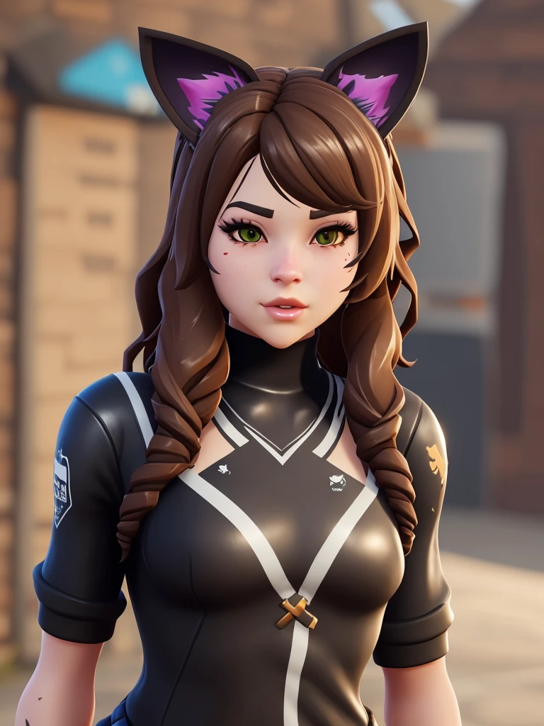 Fortnite skin with cat ears, long brown hair, and a black cat costume with