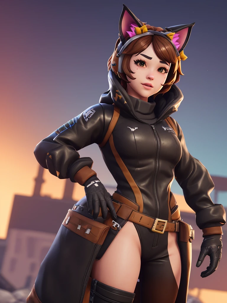 Fortnite skin with cat ears, long brown hair, and a black cat costume with