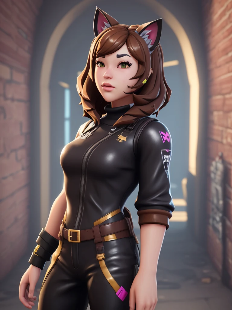 Fortnite skin with cat ears long brown hair and a black cat costume with SeaArt AI