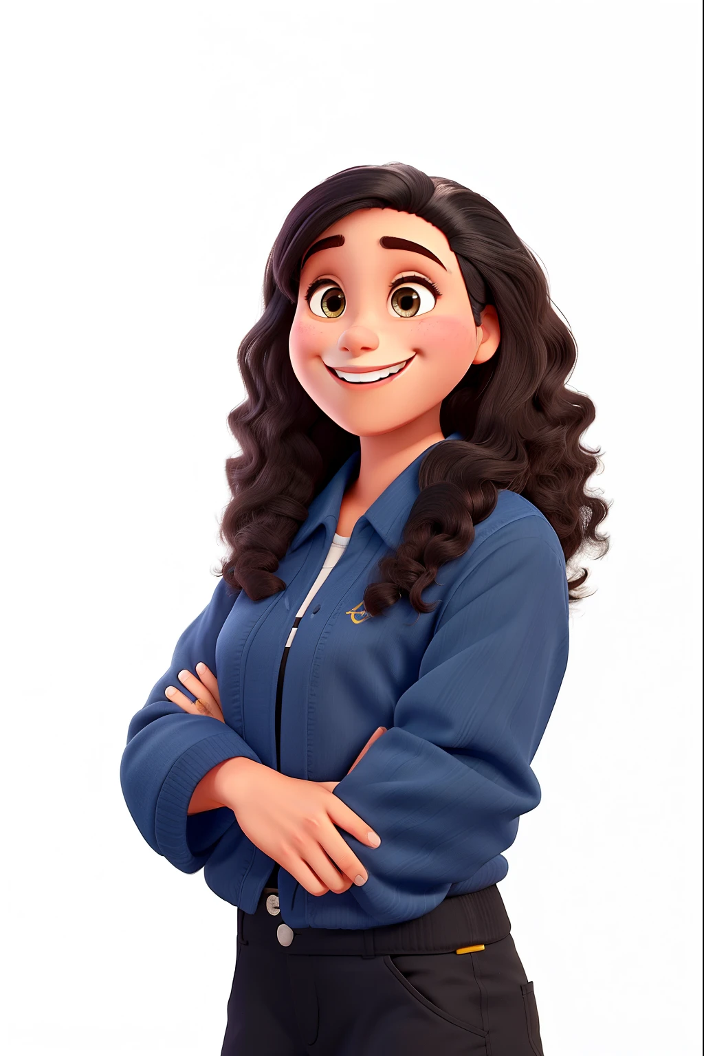 jovem sorrindo no estilo Disney Pixar, roupa preta, cabelos cacheados, alta qualidade, best quality