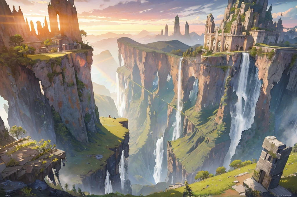 masterpiece, best quality,ultra-detailed, fine detailed, 8k, scenery, landscape, no humans, wide shot, sunrise sky, a mysterious giant splendid tree that seems to cover the world with lush green leaves, multiple towers of various sizes, ancient structures, ruins, cityscape, forest, waterfall, nature, ray tracing, refraction, cinematic lighting