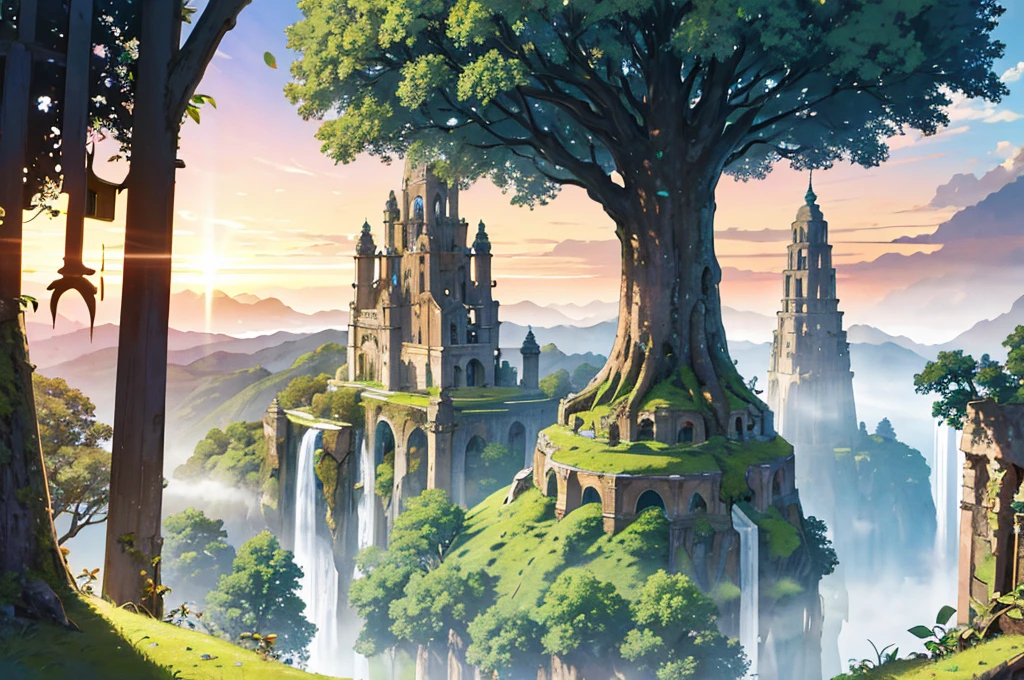 masterpiece, best quality,ultra-detailed, fine detailed, 8k, scenery, landscape, no humans, wide shot, sunrise sky, a mysterious giant splendid tree that seems to cover the world with lush green leaves, multiple towers of various sizes, ancient structures, ruins, cityscape, forest, waterfall, nature, ray tracing, refraction, cinematic lighting