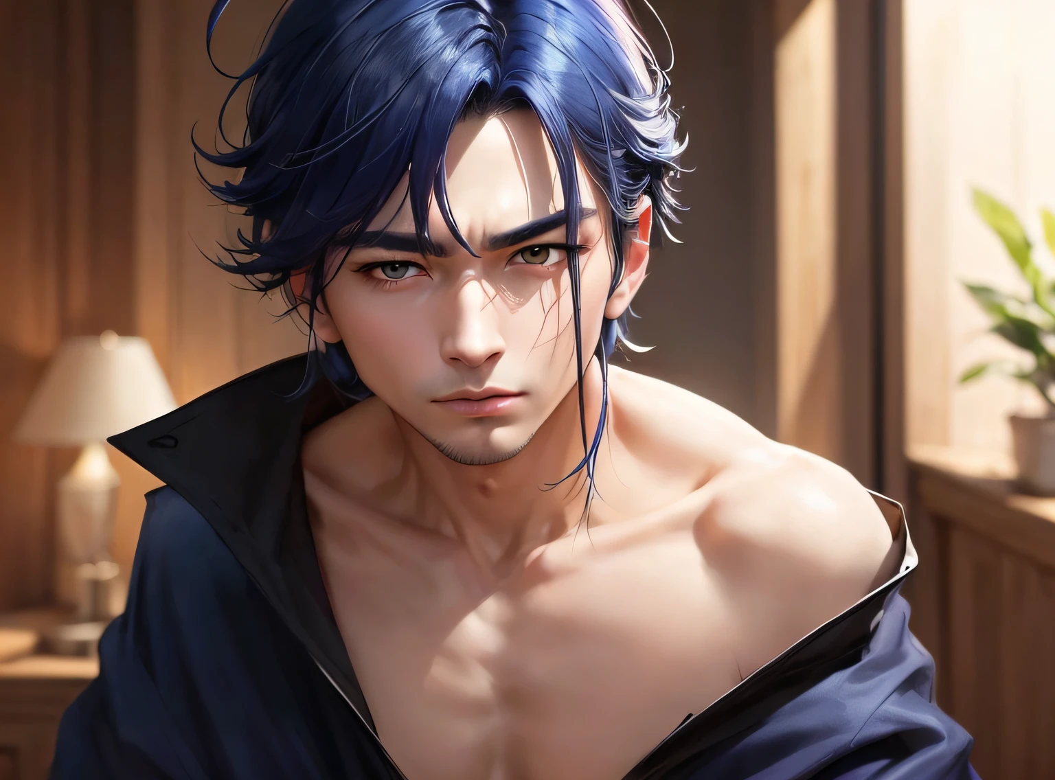 ((top-quality、in 8K、masterpiece:1.3))、独奏、Handsome man with dark blue hair and naked looking at camera,