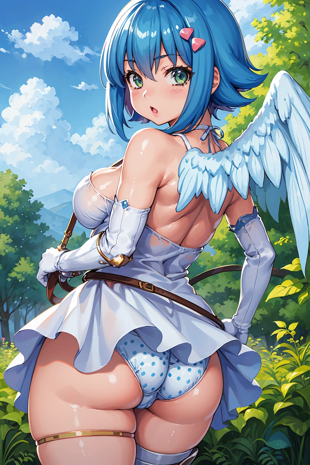 (masterpiece, best quality:1.2), 1girl, (solo), looking at viewer, upper body, nanael, surprised, looking back, angel, armor, polka dot panties, thighhighs, boots, elbow gloves, angel wings, asymmetrical wings, ass, blue sky, clouds, blush, (cleavage, sagging breast, large breast), wide hips, thick thighs