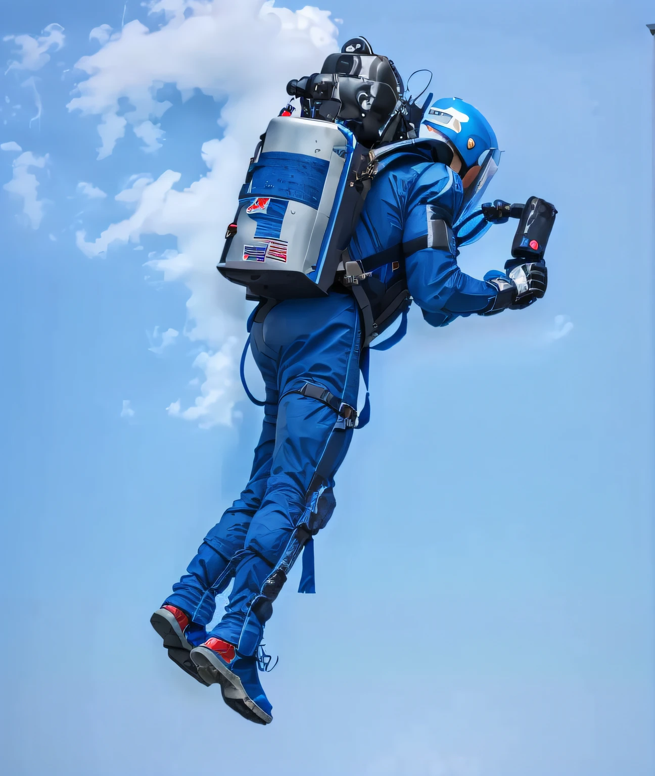 arafed man in a blue jumpsuit with a backpack on his back, jetpacks, wearing jetpack, jetpack, joe biden flying with jet pack, advanced technology flight suit, robot suit, wearing human air force jumpsuit, technology flight suit, exoskeletton, an exoskeleton, robot made of jet parts, exoskeleton