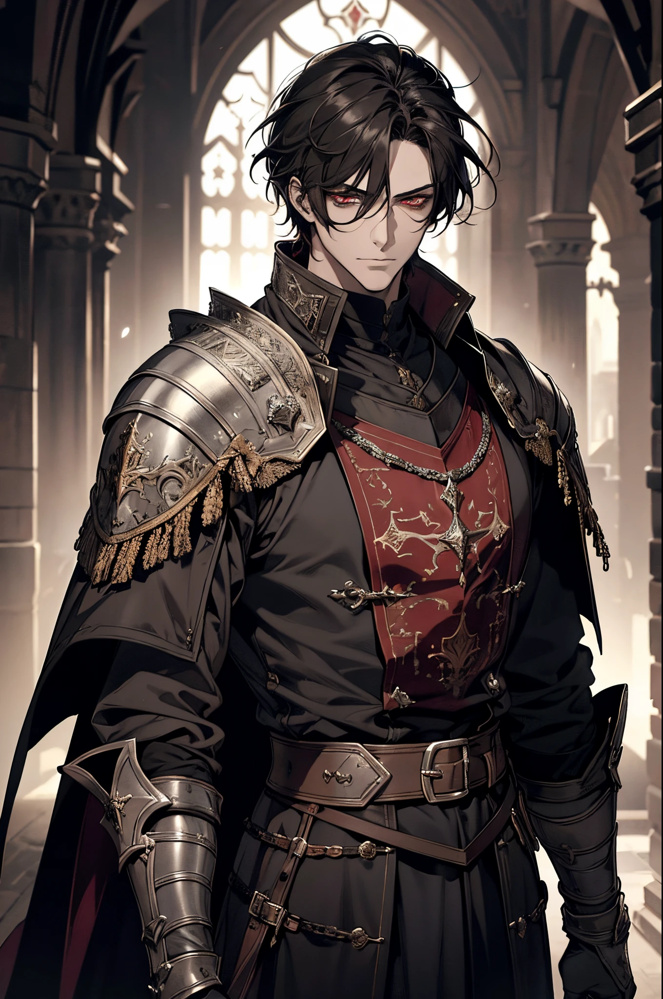 1 male, adult, mature face, beautiful, short tousled black hair, dark red eyes, clear and detailed eyes, handsome, tall, nobility, black clothing, calm, condescending, medieval fantasy, medieval castle background, dark fantasy, (soft coloring, dynamic shading), looking at viewer