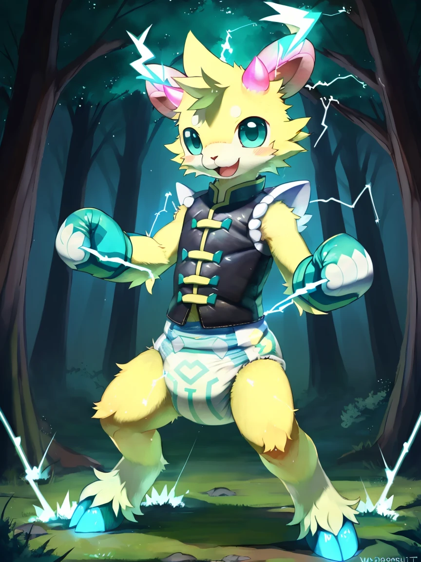 ((by wadorigi on Twitter)(Lamb)), pokemon, ??? proportions, cute, adorable  , thin thighs, hooves,  upper limb hooves, yellow fur,  horns with electricity, (teal and yellow electricity), teal lightnings on surroundings, wearing soggy messy padded  diaper, wearing dark yellow vest, (leather padded  fist mitts), tied arms together, kung fu pose, in forest