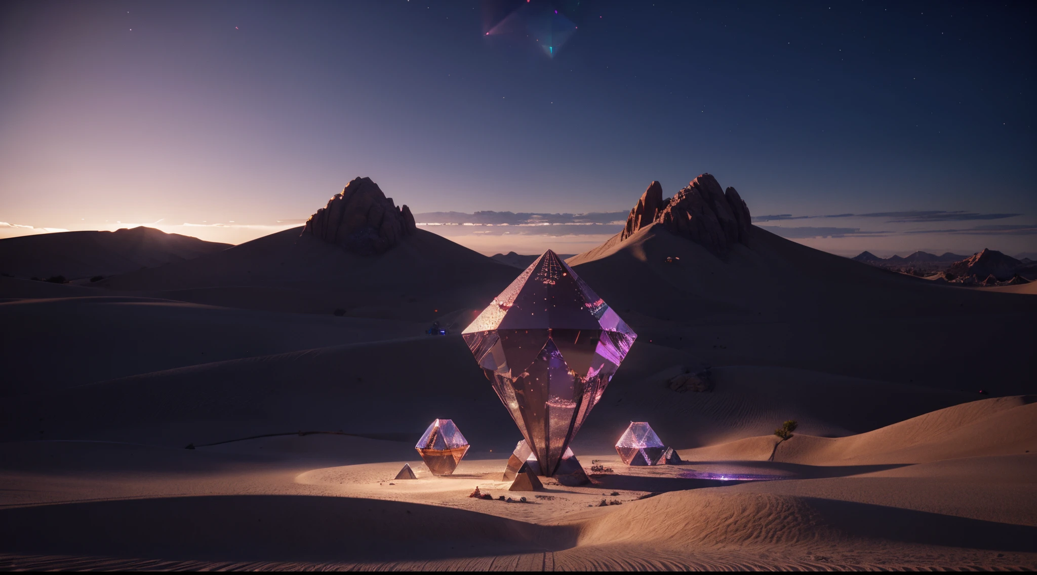 there is a crystal in the desert, gorgeous 3d render, diamond prisms, [ shards, concept art 8 k resolution, at night, by Kieran Yanner, animated cinematography, ( ( ( ( 3 d render ) ) ) ), trending on artstattion, large arrays data holograms