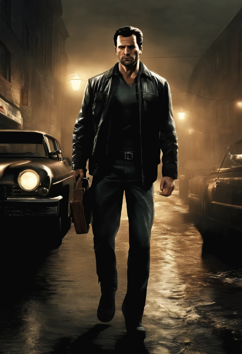 A photo of Max Payne sitting alone in a dimly lit alley, with a bottle of whiskey in one hand and a cigarette in the other.,Max Payne 3,Max's appearance can be described as follows:

Max Payne is a middle-aged man with a rugged and weathered appearance. He has a strong and muscular build, reflecting his background as a former police officer and skilled marksman. Max stands at an average height and has a slightly hunched posture, which adds to his weary and worn-out demeanor.

His most notable feature is his dark, unkempt hair, which is usually styled in a messy manner. Max has short hair that is mostly black, with a slight hint of gray, suggesting the toll that his experiences have taken on him. He often has a five o'clock shadow, further reinforcing his gritty and tired look.

Max's face bears the scars of his troubled life. He has a strong jawline and deep-set, piercing blue eyes that reflect a mix of determination and sorrow. His eyes often appear bloodshot, hinting at his sleepless nights and constant battles with inner demons. Max has prominent cheekbones, which lend a sharpness to his features, and his facial expression is often grim or pained.

He typically dresses in a dark and practical manner, reflecting his no-nonsense approach to life. Max is often seen wearing a black leather jacket, which has become an iconic part of his attire. Underneath the jacket, he usually wears a plain dark-colored shirt or a white undershirt. He pairs this with dark trousers and sturdy black boots, suitable for the intense action and combat he encounters.

Max Payne's overall appearance exudes a sense of world-weariness and a touch of noir. His disheveled hair, tired eyes, and rugged attire reflect the turbulence he has experienced and the dark path he walks in his relentless pursuit of justice and redemption.

Max Payne has a distinctive facial structure with pronounced cheekbones and a strong jawline. His face often appears tense and serious, with a deep furrow between his eyebrows. The lines around his eyes and mouth show the traces of sorrow, pain, and stress that have marked his life.

His eyes are characterized by an intense ice-blue color, creating a striking contrast against his dark hair. His gaze is usually serious and determined, but also tinged with sadness and melancholy. His piercing stare conveys a sense of intensity and resolution.

Max often wears a distinctive expression marked by anger and rage. His jaw is often clenched, and his lips are often pressed into a thin line, reflecting his determination and suffering.

Regarding his clothing, Max Payne's style is practical and functional. He typically wears dark, worn-out attire that allows him freedom of movement and suits his dark character. Along with his iconic black leather jacket, he often wears a plaid shirt or a plain t-shirt underneath. His pants are usually dark or black, emphasizing the somber tone of his story. He completes his look with sturdy black boots, conveying both stability and a rugged edge.

Max Payne's overall appearance is characterized by a blend of strength and vulnerability. His tired and weathered look reflects the heavy emotional burdens he carries, while his determined countenance and piercing gaze demonstrate his persistence and desire for revenge and justice.