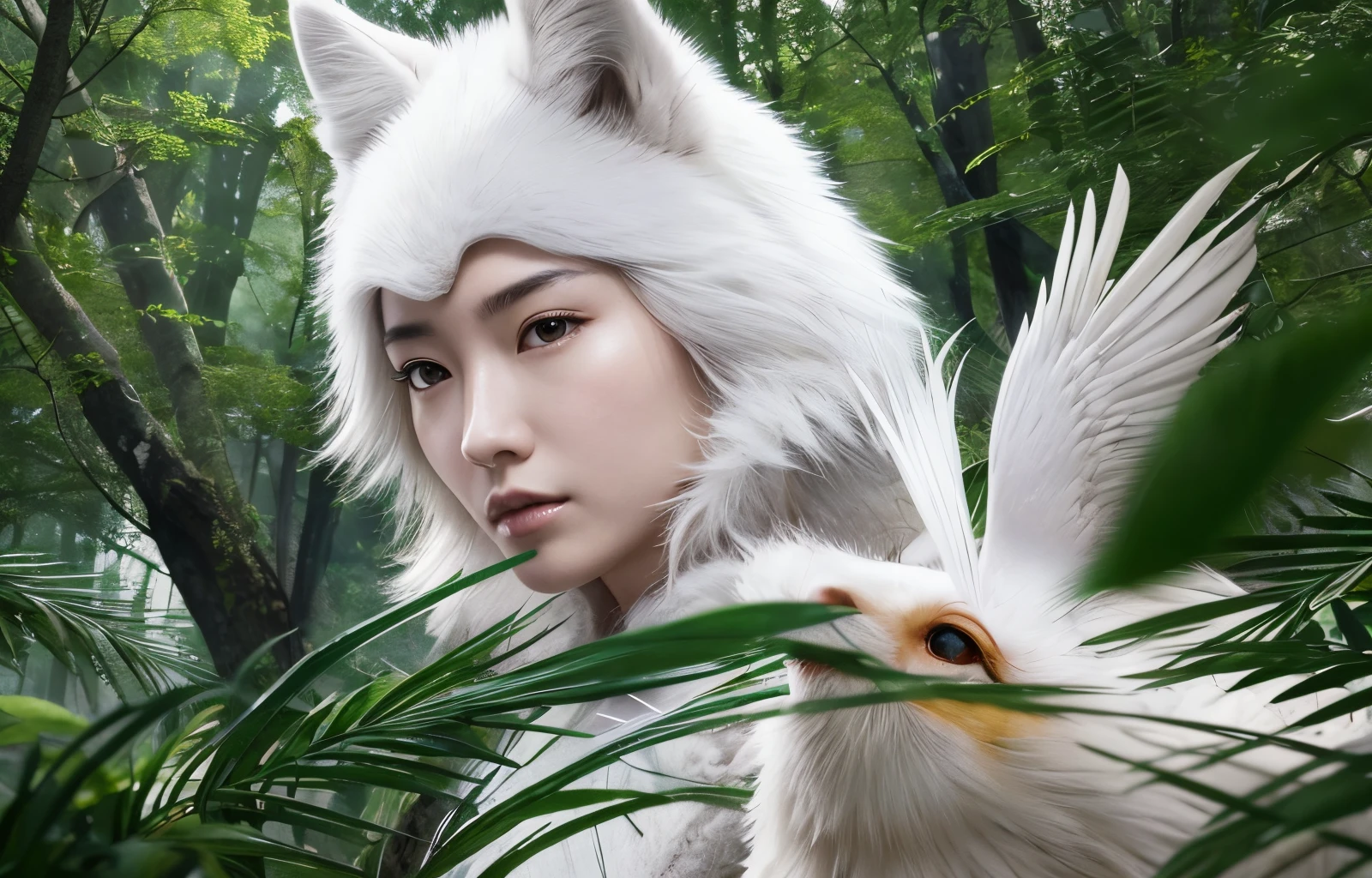 8K image quality, ultra high definition, a young and handsome Chinese female wolf's head generals with white short hair in the forest is facing a huge monster with a ninja knife. All the birds and beasts in the forest fly into the sky, and a ray of sunlight shines into the forest, wallpaper --auto --s2
