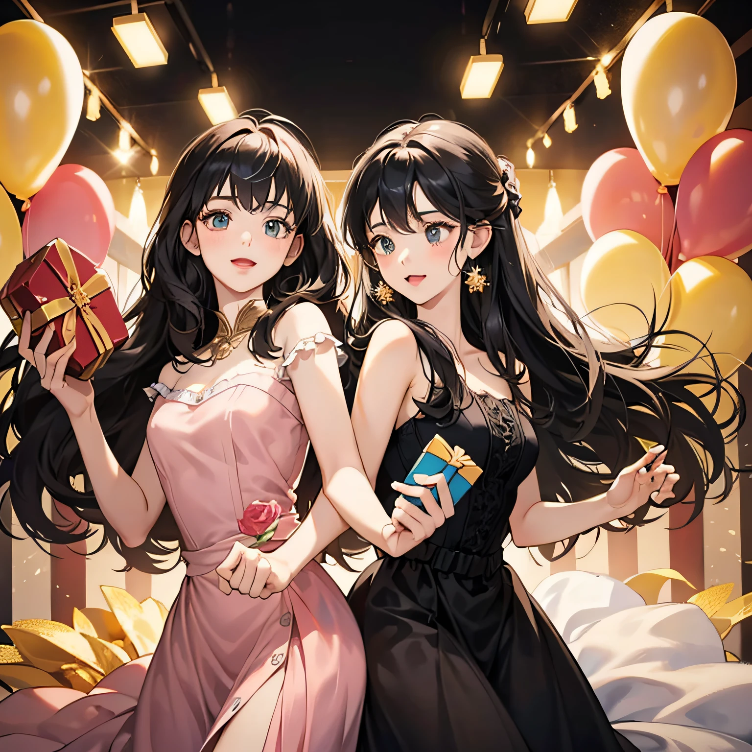 On the background of birthday party,Two girls wearing princess dresses,One is a golden double ponytail,A long black hair,Their hands stretched out to display their gifts