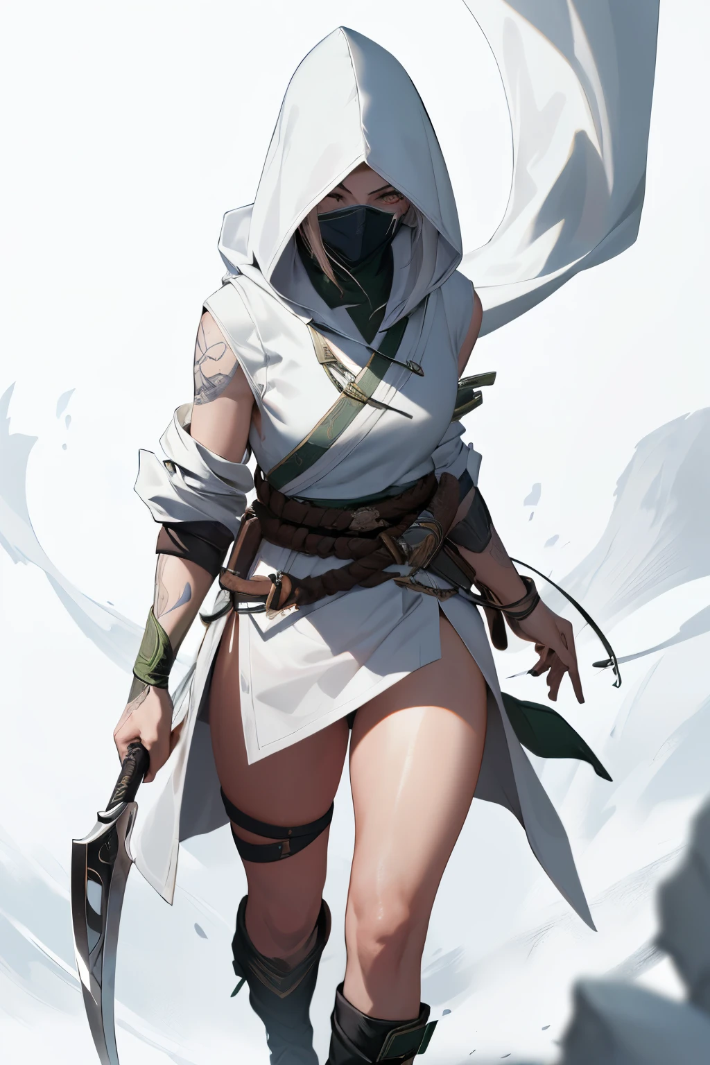 (Best quality at best,4K,8K,A high resolution,tmasterpiece:1.2),night, akali, 1girl, long_sleeves,white hood,white short panties,,tattoo , standing, full_body, weapon,scythe,Dagger,,white boots, white belt,white mask