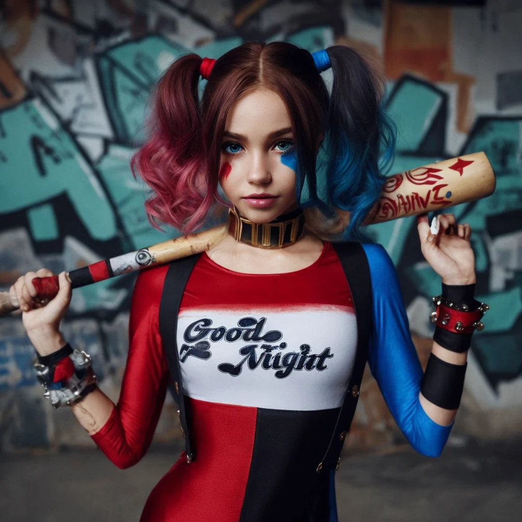 "(best quality,Altas:1.2),circunstanciado,rosto delicado,blonde hair,olhos azuis detalhados,retrato,Beautiful,Arlequim,Feminino,conto de fadas,soft lighting,vivid colors,textura pintada", expression a psychopathic smile, olhos azuis claros