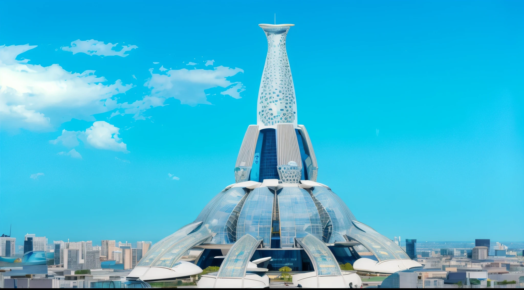 there is a very tall tower with a lot of windows on it, futuristic tower, futuristic palace, futuristic persian palace, futuristic skyscraper, futuristic utopian architecture, futuritic high tech architecture, futuristic architecture concept, futuristic church, huge futuristic building, solarpunk architecture, futuristic building, futuristic buildings, futuristic structures, downtown,  realistic image, 16k resolution