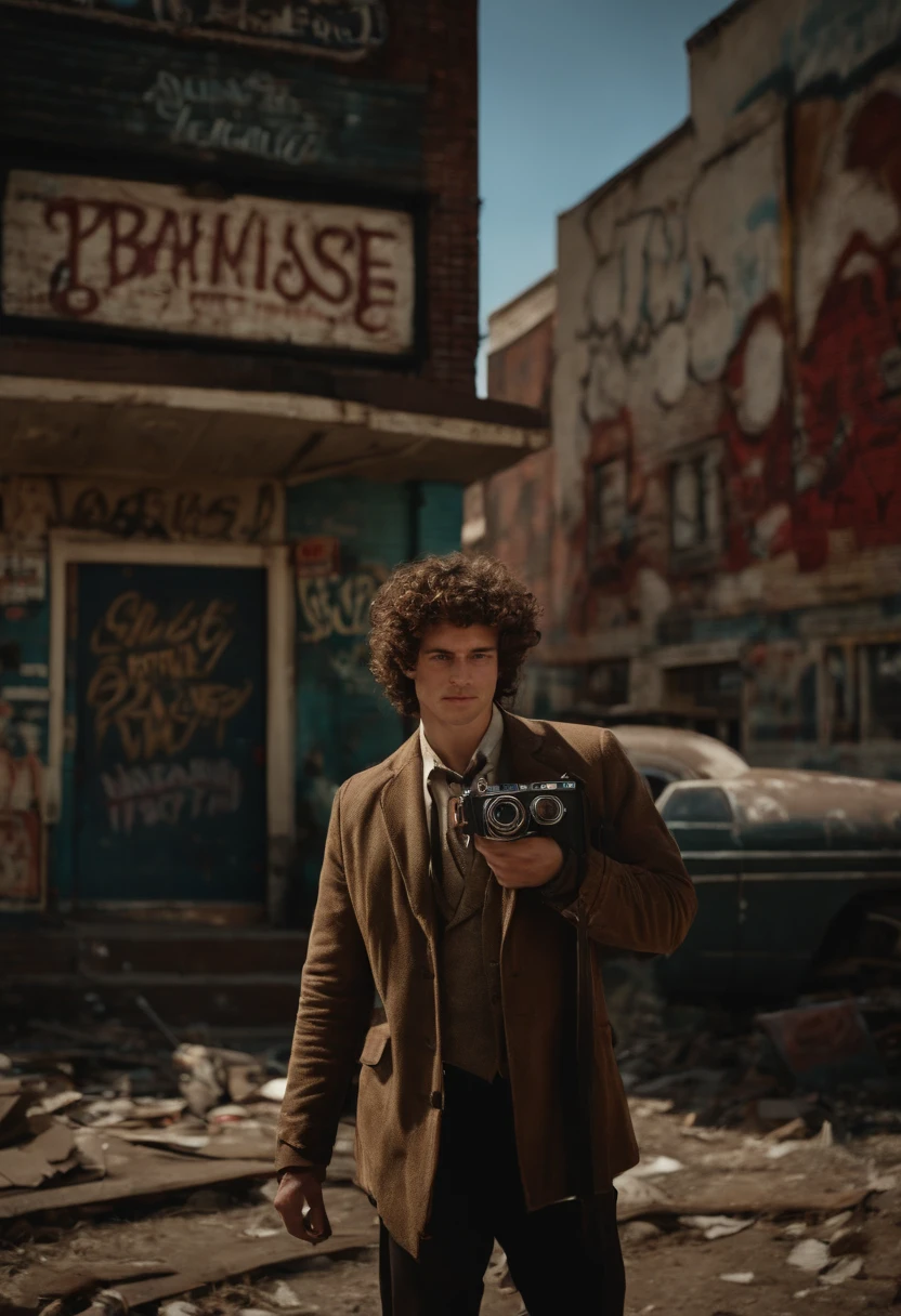 The image is of Marcus standing in front of a rundown, abandoned theater, holding a vintage camera and snapping a picture of the graffiti-covered marquee.,original,Marcus has curly brown hair, brown eyes, various scars from getting into fights, famously portrayed by Benjamin Wadsworth