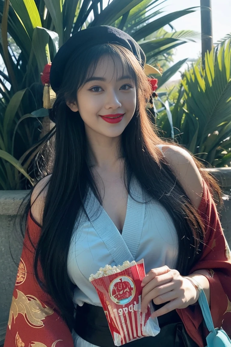 btr_regie,Beautiful Japanese girl, gigantic breasts, long black hair, bangs, realistic, detailed face, curvy, bimbo, full lips, red lips, smiling, turquoise beret, navy blue kimono with gold engravings, turquoise sash, in a zoo, noon sun, by the animals, watching the animals, holding a bag of popcorn, eating popcorn,