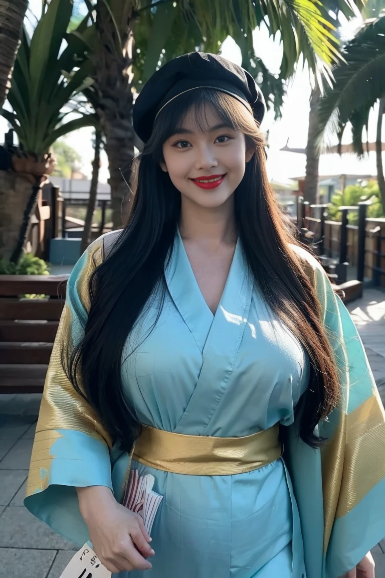 btr_regie,Beautiful Japanese girl, gigantic breasts, long black hair, bangs, realistic, detailed face, curvy, bimbo, full lips, red lips, smiling, turquoise beret, navy blue kimono with gold engravings, turquoise sash, in a zoo, noon sun, by the animals, watching the animals, holding a bag of popcorn, eating popcorn,