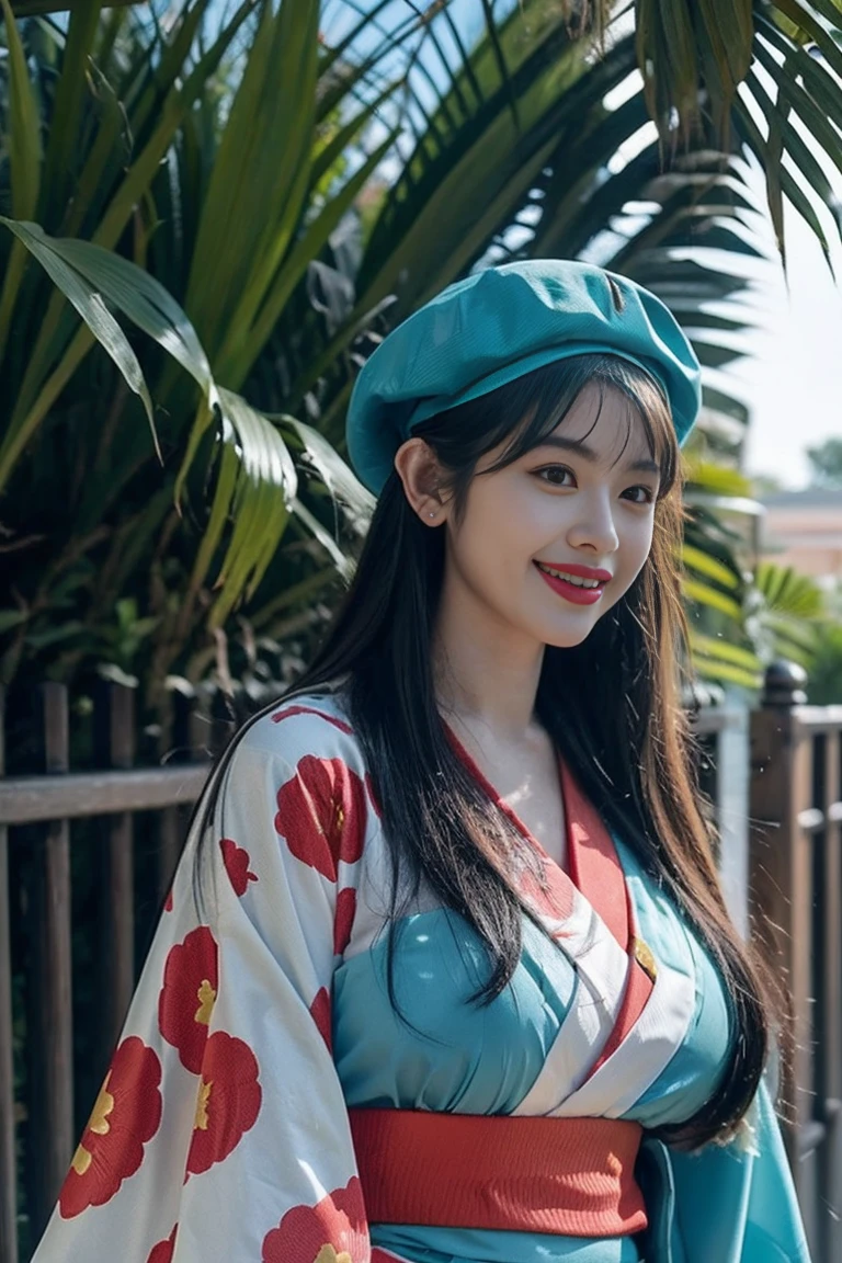 btr_regie,Beautiful Japanese girl, gigantic breasts, long black hair, bangs, realistic, detailed face, curvy, bimbo, full lips, red lips, smiling, turquoise beret, navy blue kimono with gold engravings, turquoise sash, in a zoo, noon sun, by the animals, watching the animals, holding a bag of popcorn, eating popcorn,