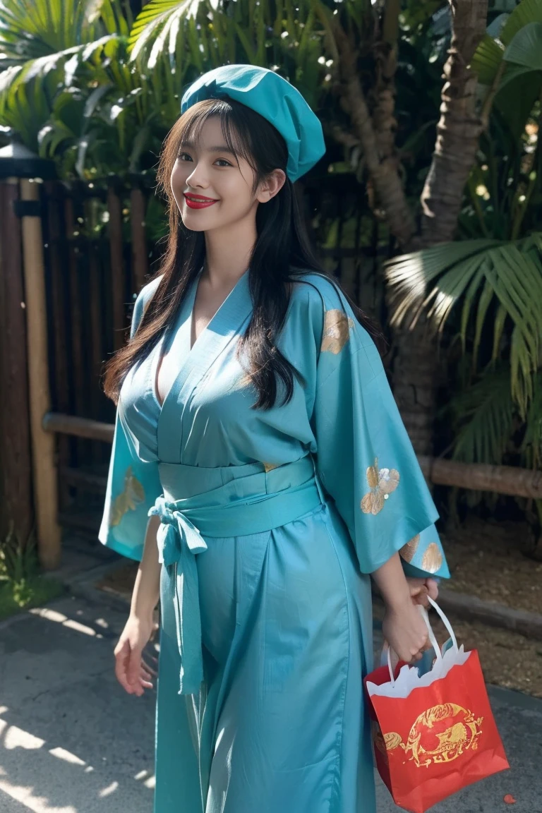 btr_regie,Beautiful Japanese girl, gigantic breasts, long black hair, bangs, realistic, detailed face, curvy, bimbo, full lips, red lips, smiling, turquoise beret, navy blue kimono with gold engravings, turquoise sash, in a zoo, noon sun, by the animals, watching the animals, holding a bag of popcorn, eating popcorn,