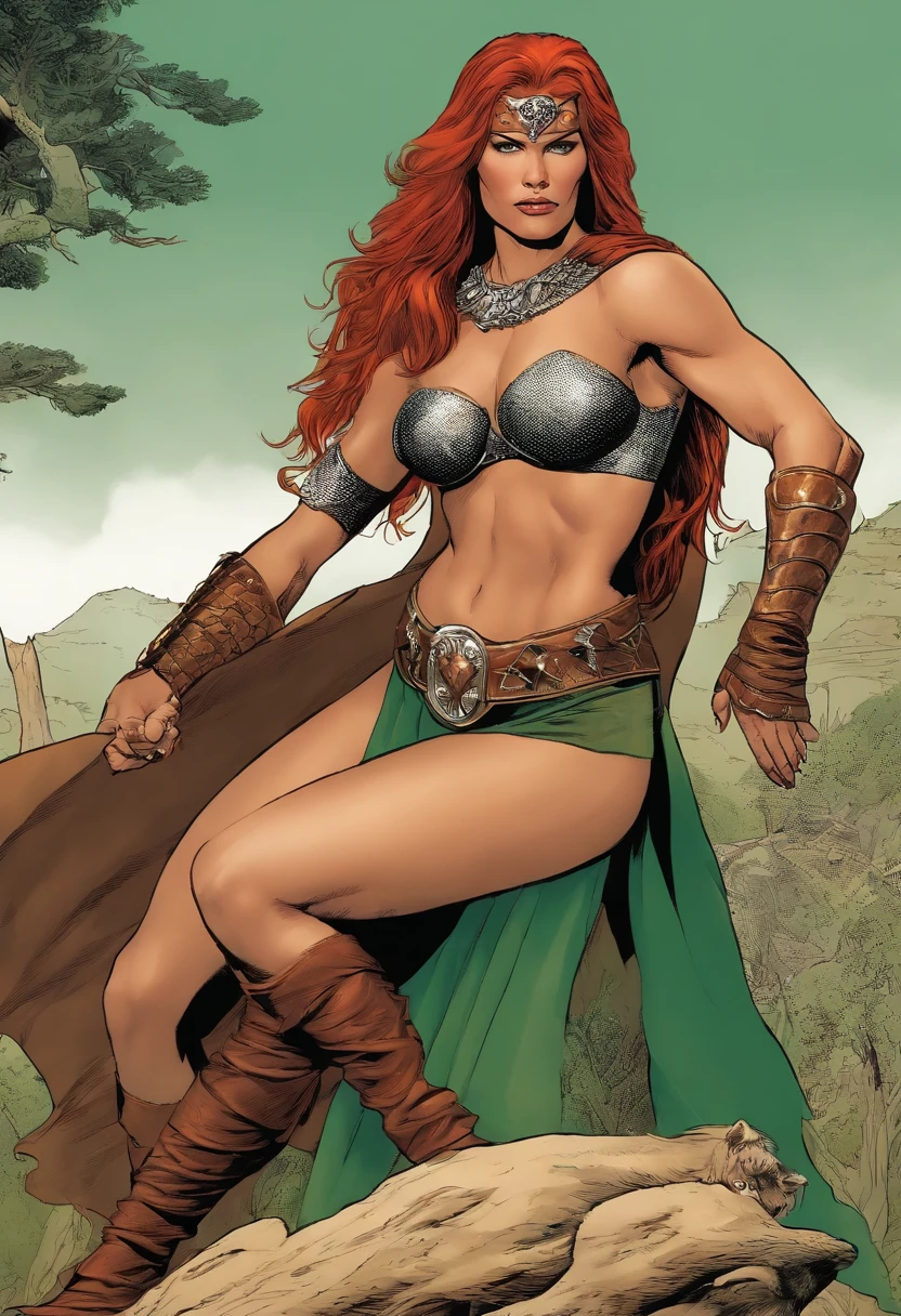 A rare glimpse of Atpic enjoying a serene moment with a majestic eagle perched on her arm,Conan the Barbarian #23,Red Sonja is a beautifull woman, wearing a chainmailbikini, covering her curves, a slender body, long red hair and green eyes